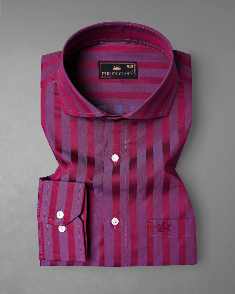 Deep Carmine Wine and Dark Lilac Violet Striped Jacquard Textured Premium Giza Cotton Shirt