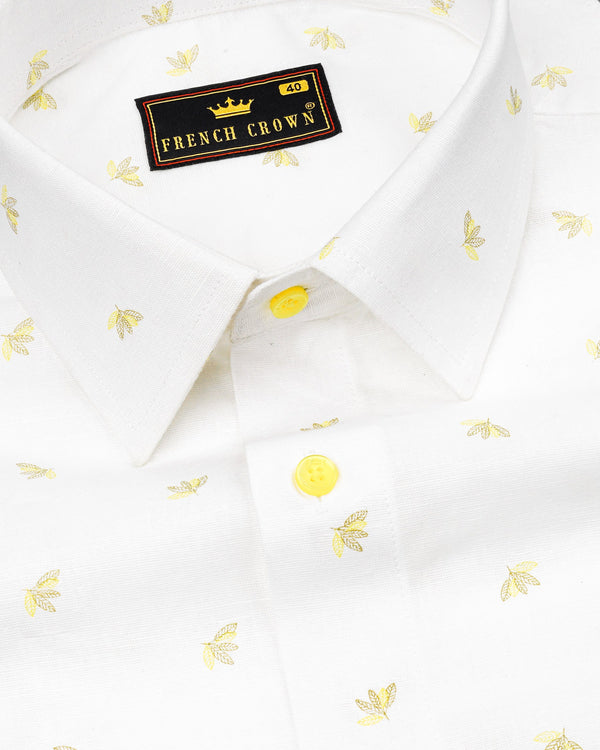 Bright White Leaves Printed Luxurious Linen Shirt