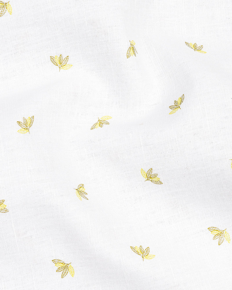 Bright White Leaves Printed Luxurious Linen Shirt