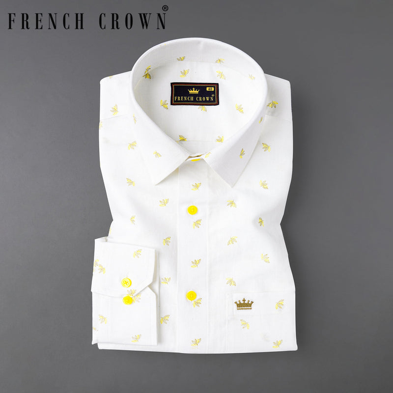 Bright White Leaves Printed Luxurious Linen Shirt