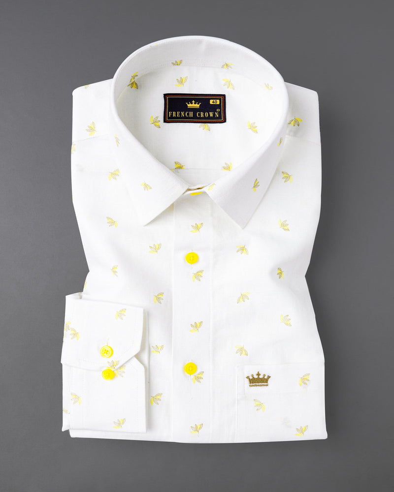 Bright White Leaves Printed Luxurious Linen Shirt