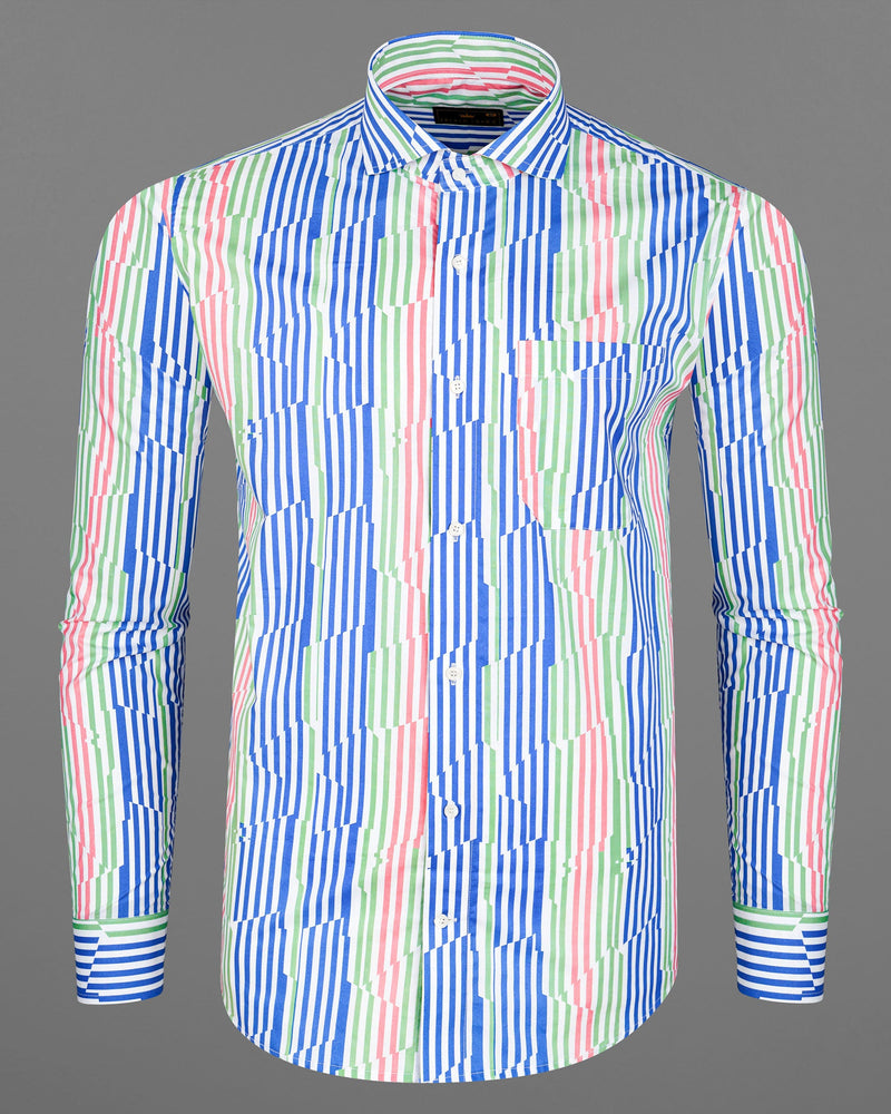 Cornflower Blue With Gum Leaf Green And Multicolored Striped Premium Cotton Shirt