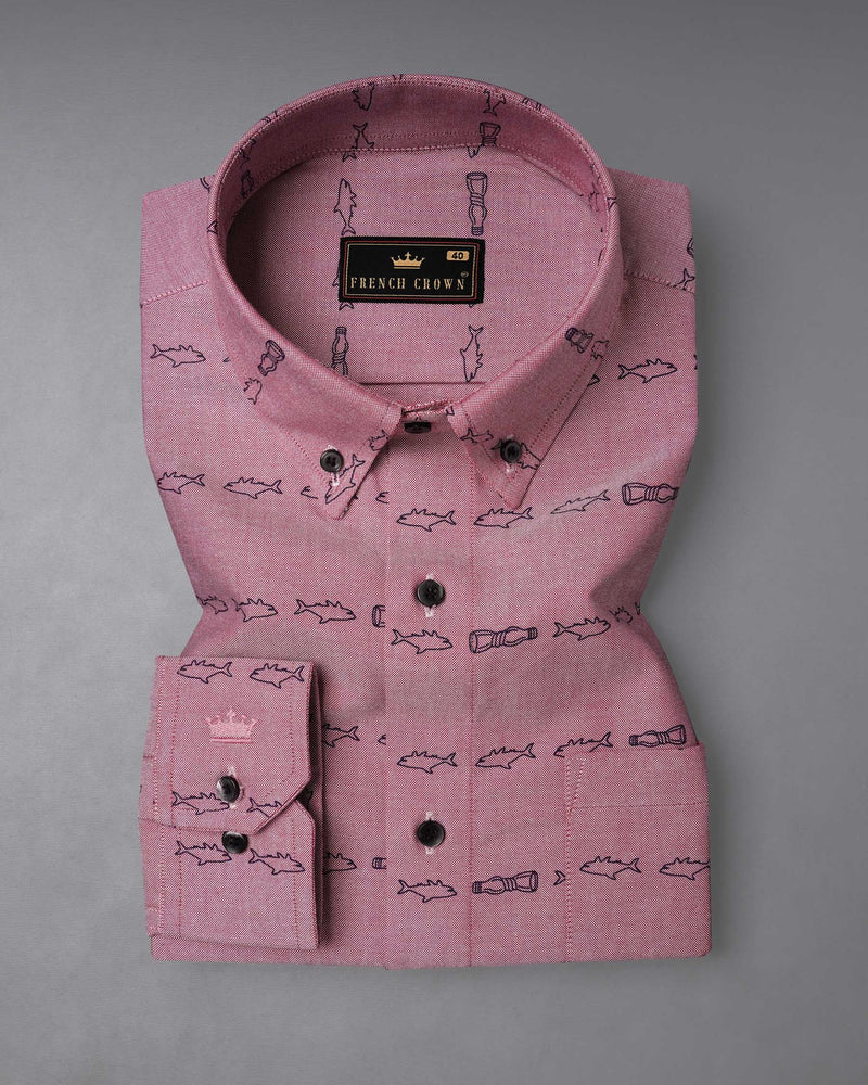 Falcon Pink With Navy Blue Fish Printed Royal Oxford Shirt