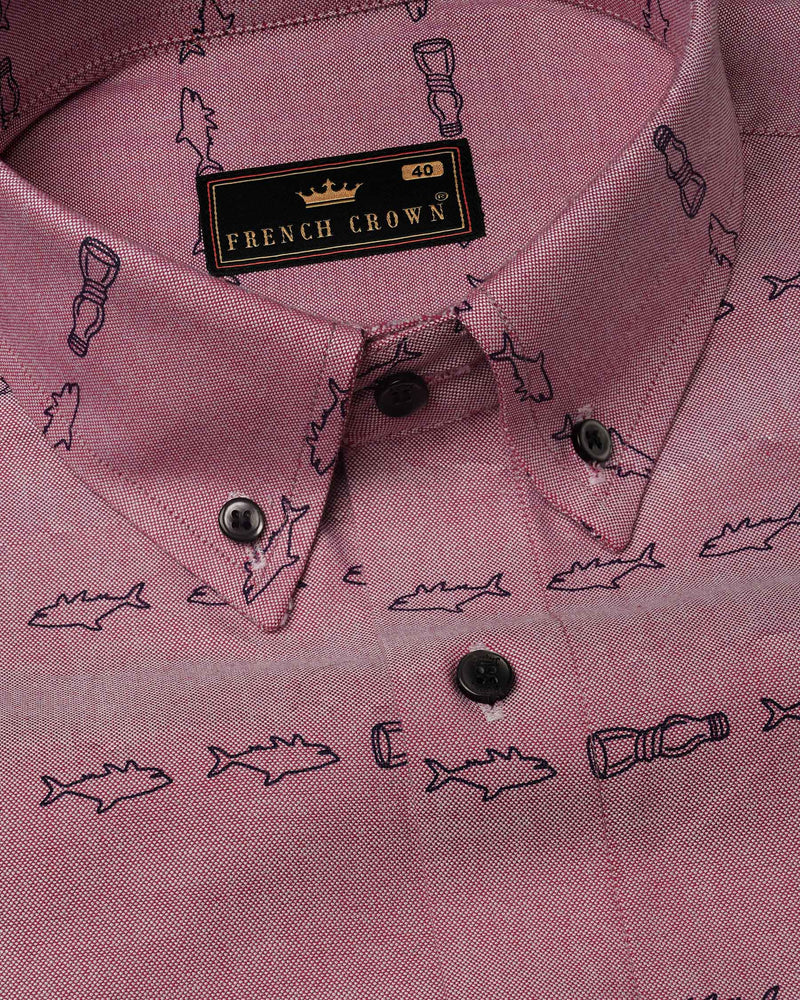 Falcon Pink With Navy Blue Fish Printed Royal Oxford Shirt