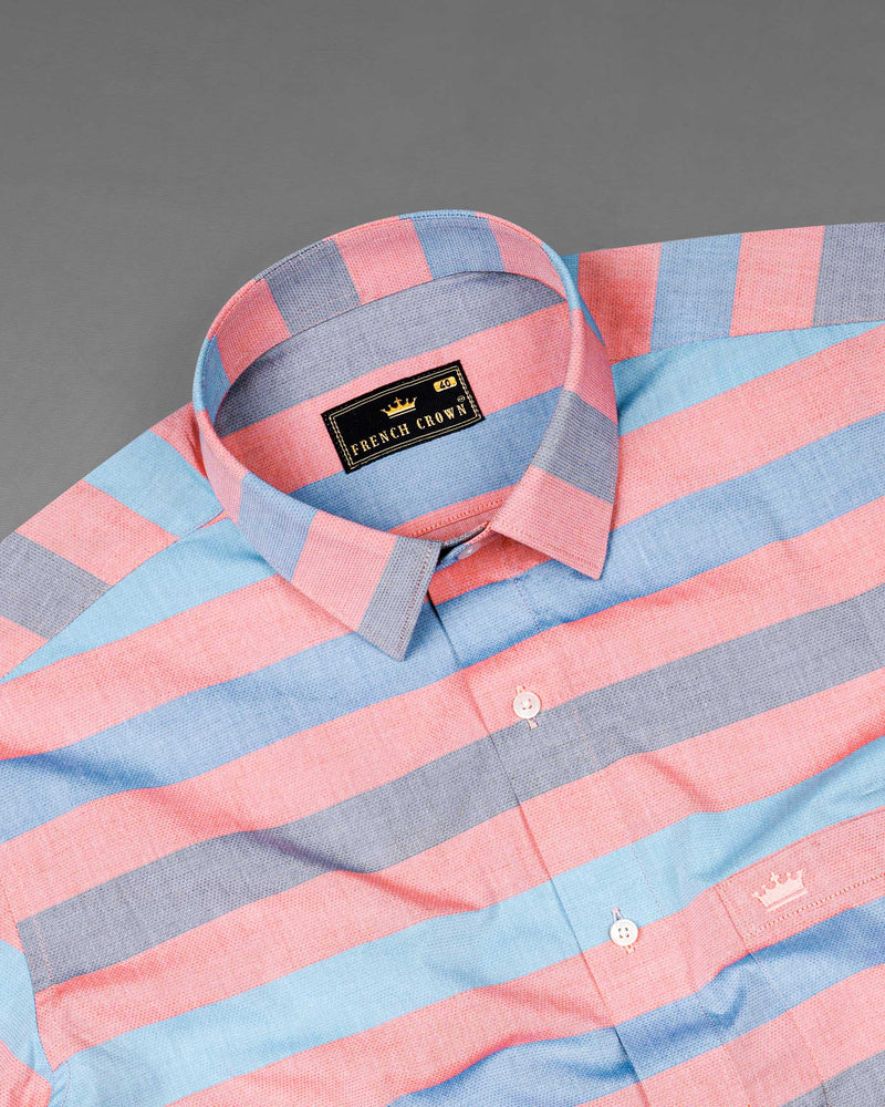 Sundown Light Orange and Glacier Blue Striped Dobby Textured Premium Giza Cotton Shirt