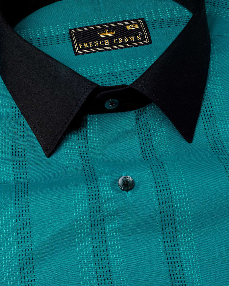 Dark Aqua Blue with Swamp Black Collar and Cuffs Twill Premium Cotton Shirt