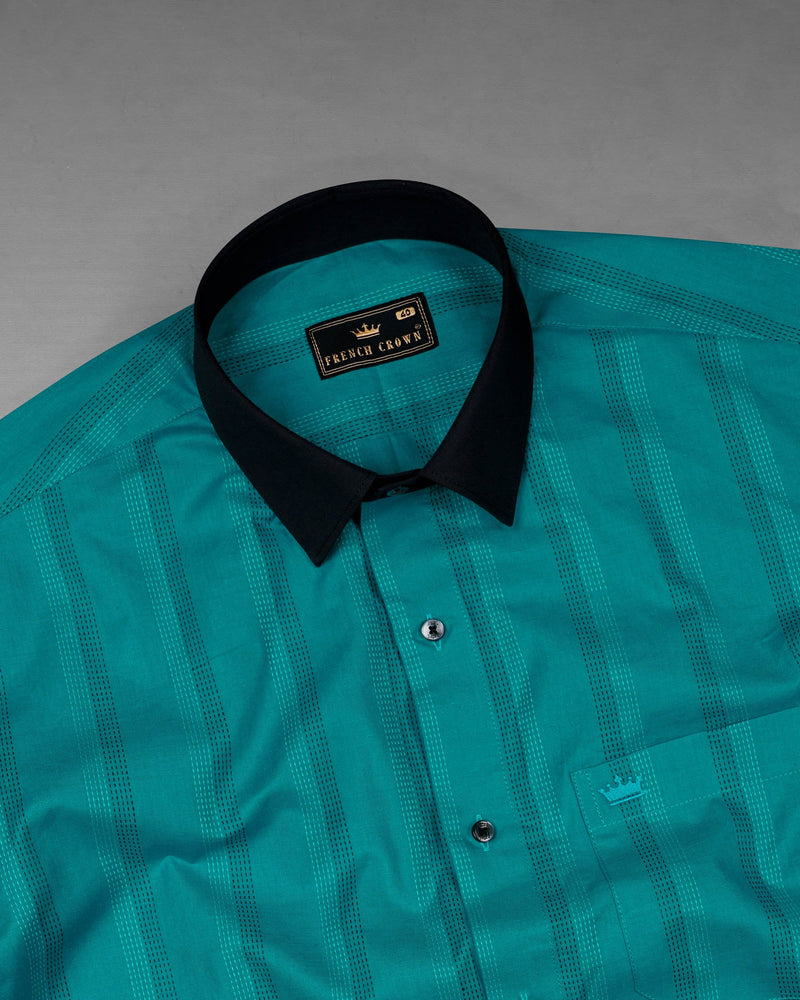 Dark Aqua Blue with Swamp Black Collar and Cuffs Twill Premium Cotton Shirt