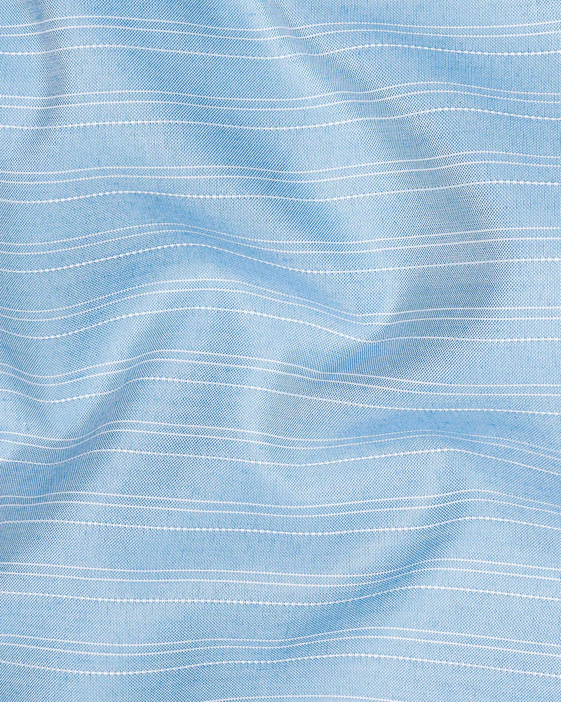 Pale Cerulean Blue With White Striped Dobby Textured Premium Giza Cotton Shirt