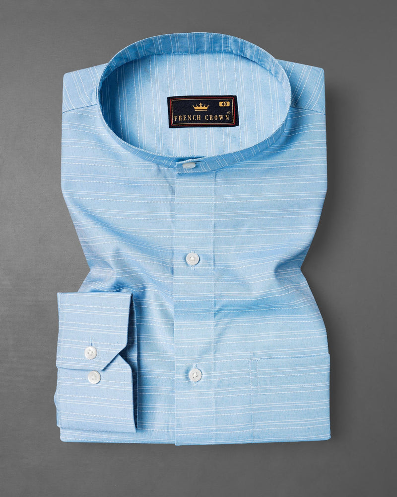 Pale Cerulean Blue With White Striped Dobby Textured Premium Giza Cotton Shirt