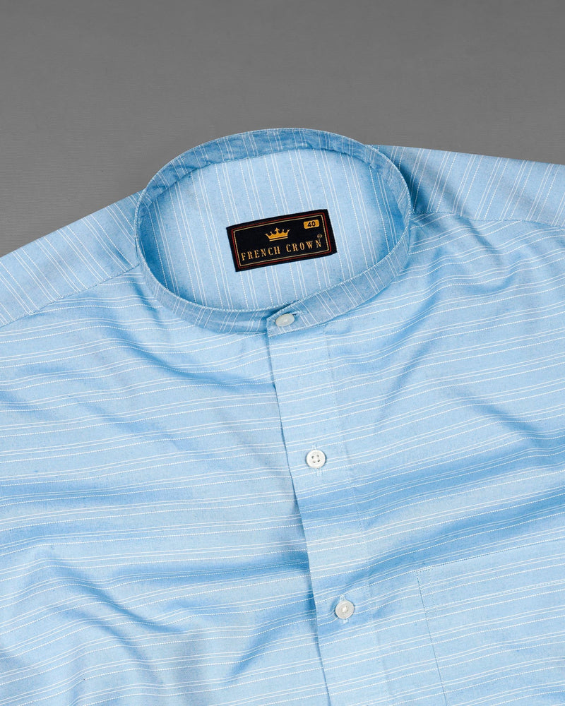 Pale Cerulean Blue With White Striped Dobby Textured Premium Giza Cotton Shirt