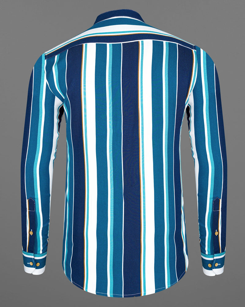 Bright White with Shakespeare Blue and Cyprus Blue Striped Premium Tencel Kurta Shirt