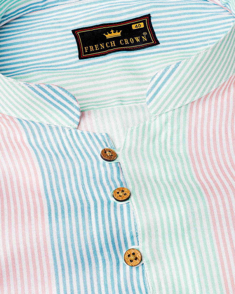 Blossom Pink with Glacier Blue and Riptide Green Pinstriped Premium Tencel Kurta Shirt