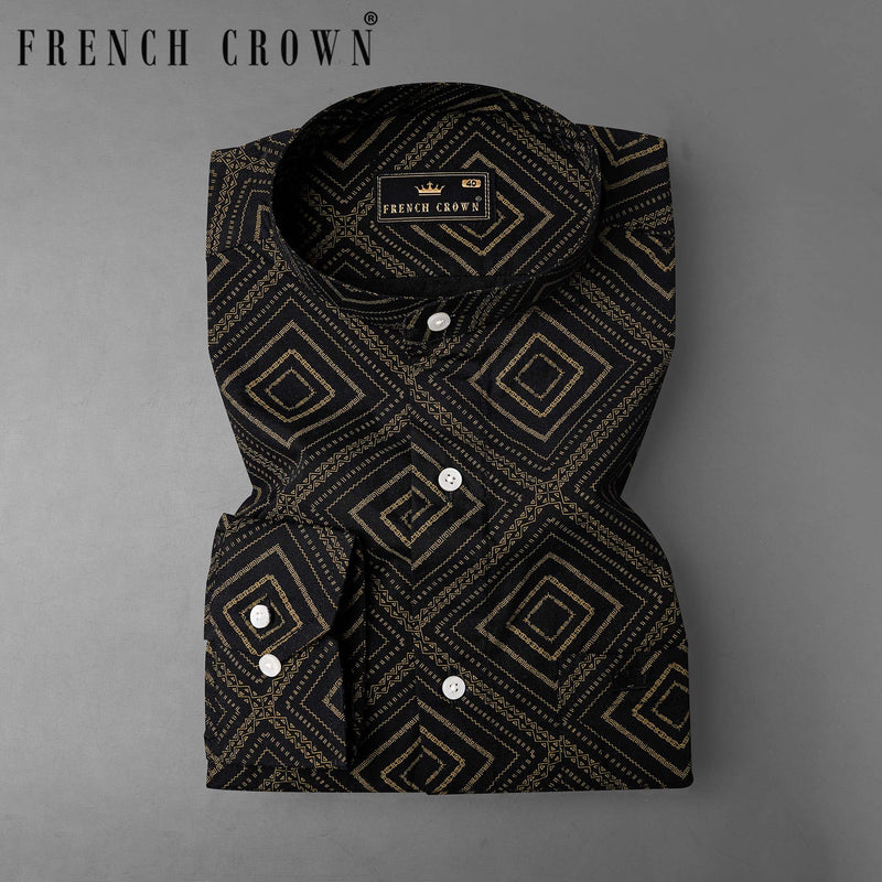 Jade Black With Calico Brown Fret Printed Twill Premium Cotton Shirt