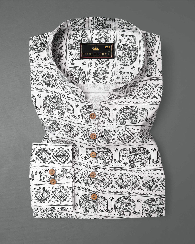 Bright White and Black Tribal Printed Premium Tencel Kurta Shirt