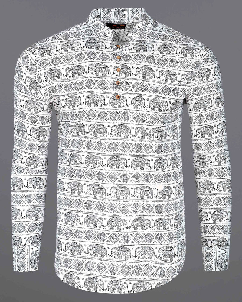 Bright White and Black Tribal Printed Premium Tencel Kurta Shirt