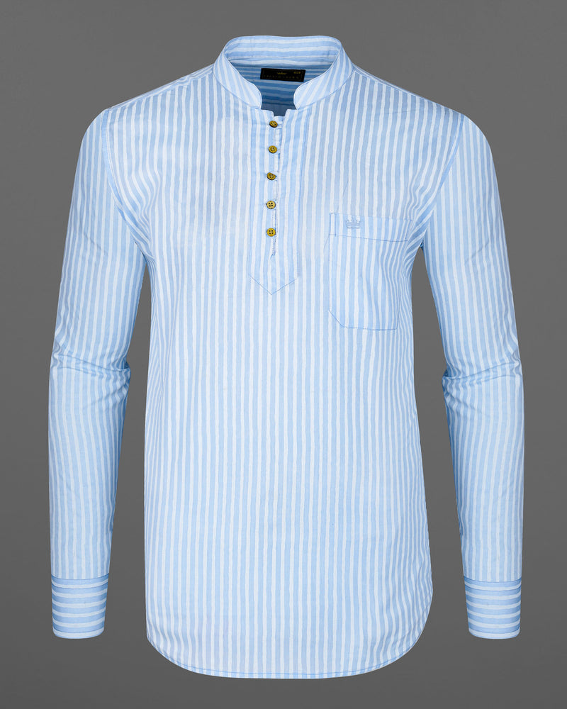 Heather Blue and White Striped Premium Cotton Kurta Shirt