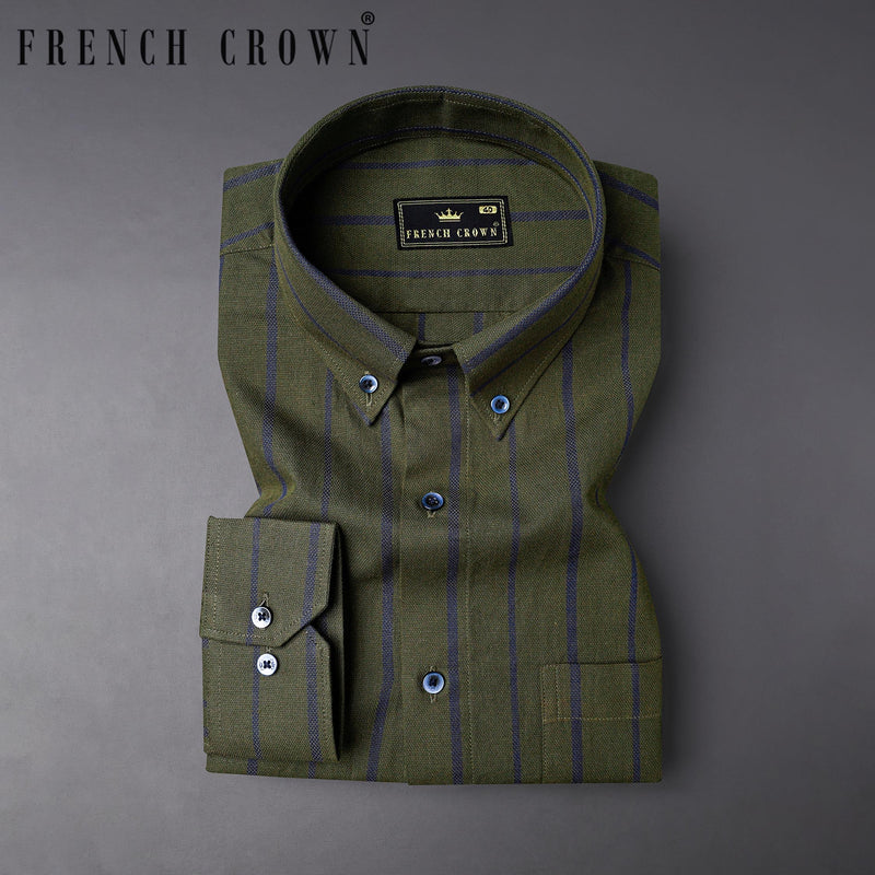 Taupe Green With Valhalla Navy Blue Striped Dobby Textured Premium Giza Cotton Shirt