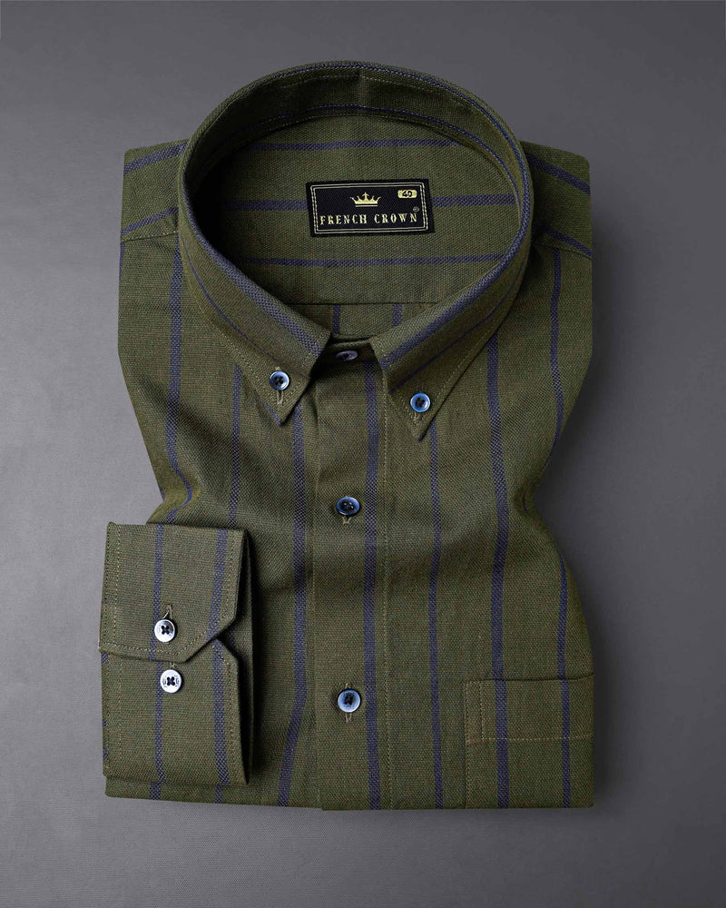 Taupe Green With Valhalla Navy Blue Striped Dobby Textured Premium Giza Cotton Shirt