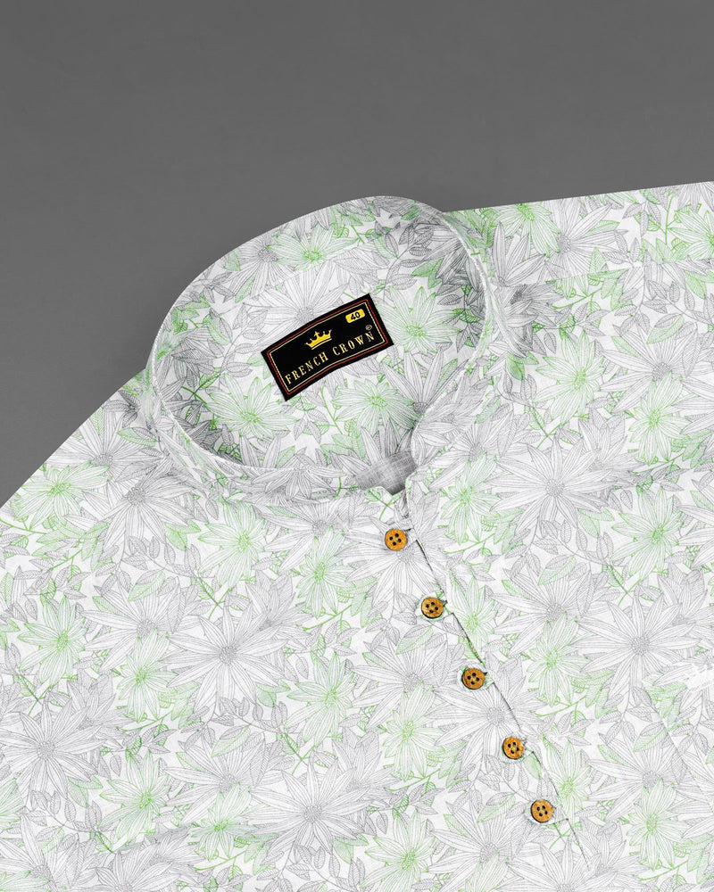 Olivine Green With White Floral Printed Luxurious Linen Kurta Shirt