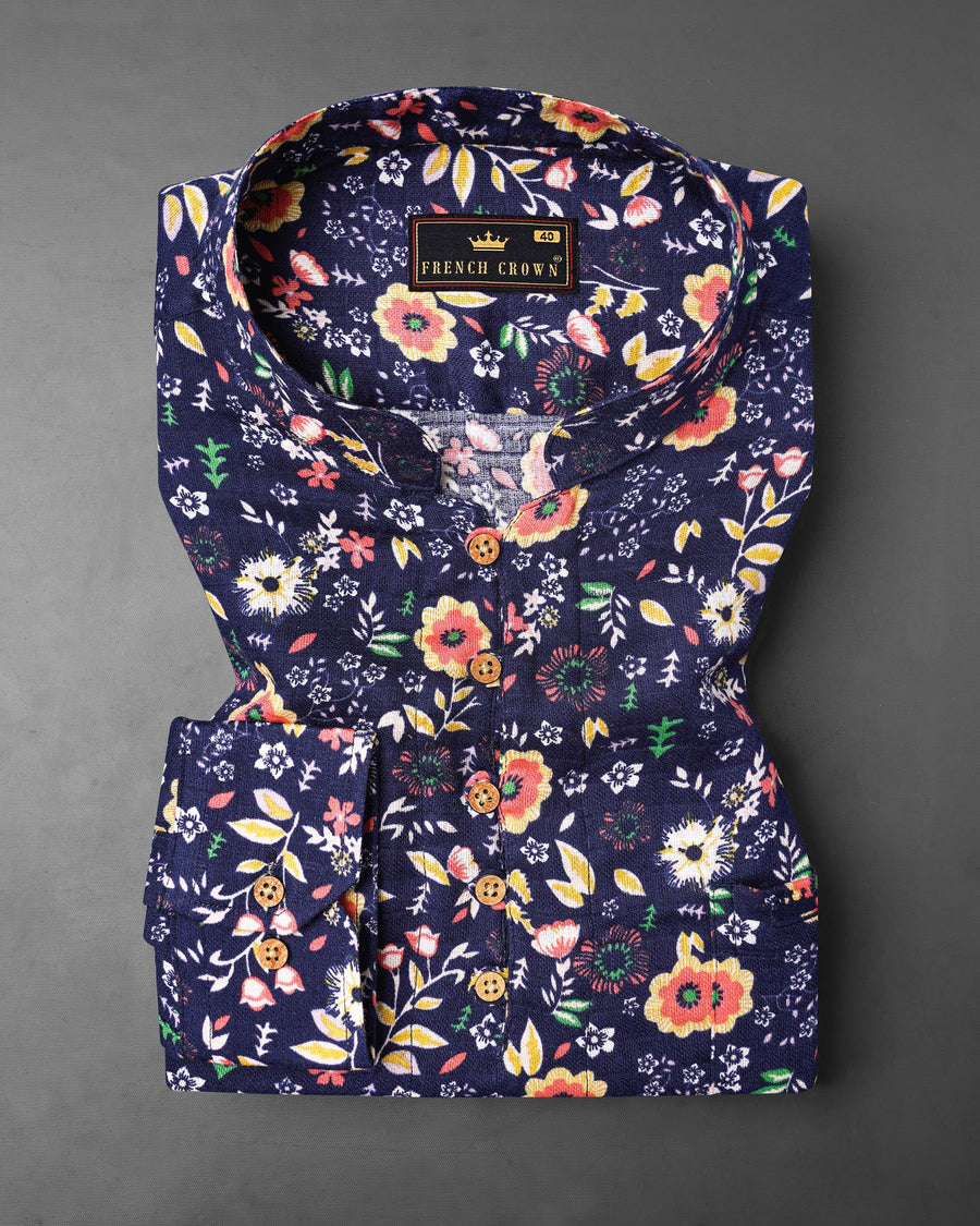 Tuna Blue With Multicolored Ditzy Floral Printed Dobby Textured Premium Giza Cotton Kurta Shirt