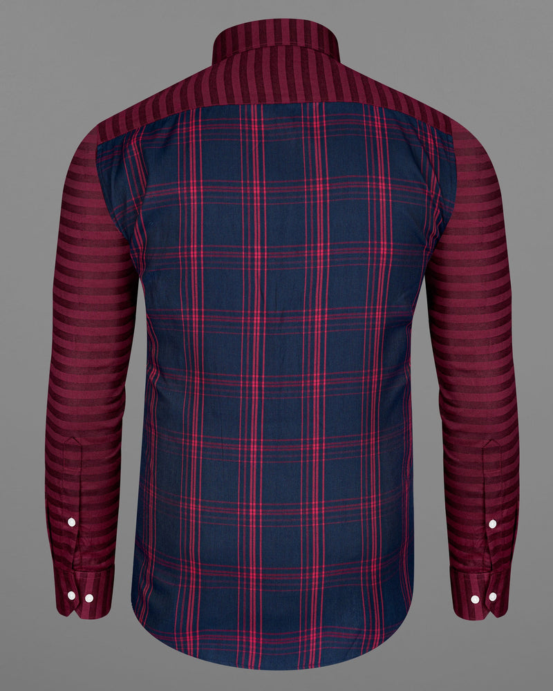 Wineberry With Tangaroa Navy Blue Plaid and Striped Twill Premium Cotton Designer Shirt