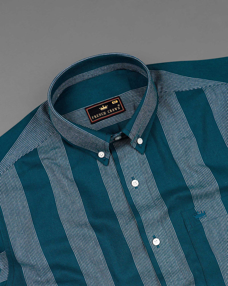Cyprus Sea Blue with Bright White Striped Herringbone Premium Cotton Shirt