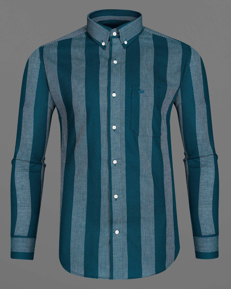 Cyprus Sea Blue with Bright White Striped Herringbone Premium Cotton Shirt