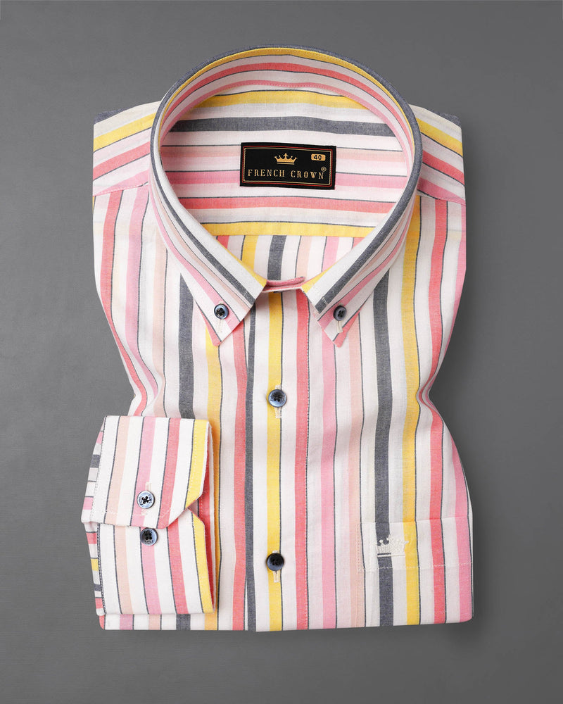 Carnation Pink and Bone Peach Multicolour Striped Premium Cotton Shirt