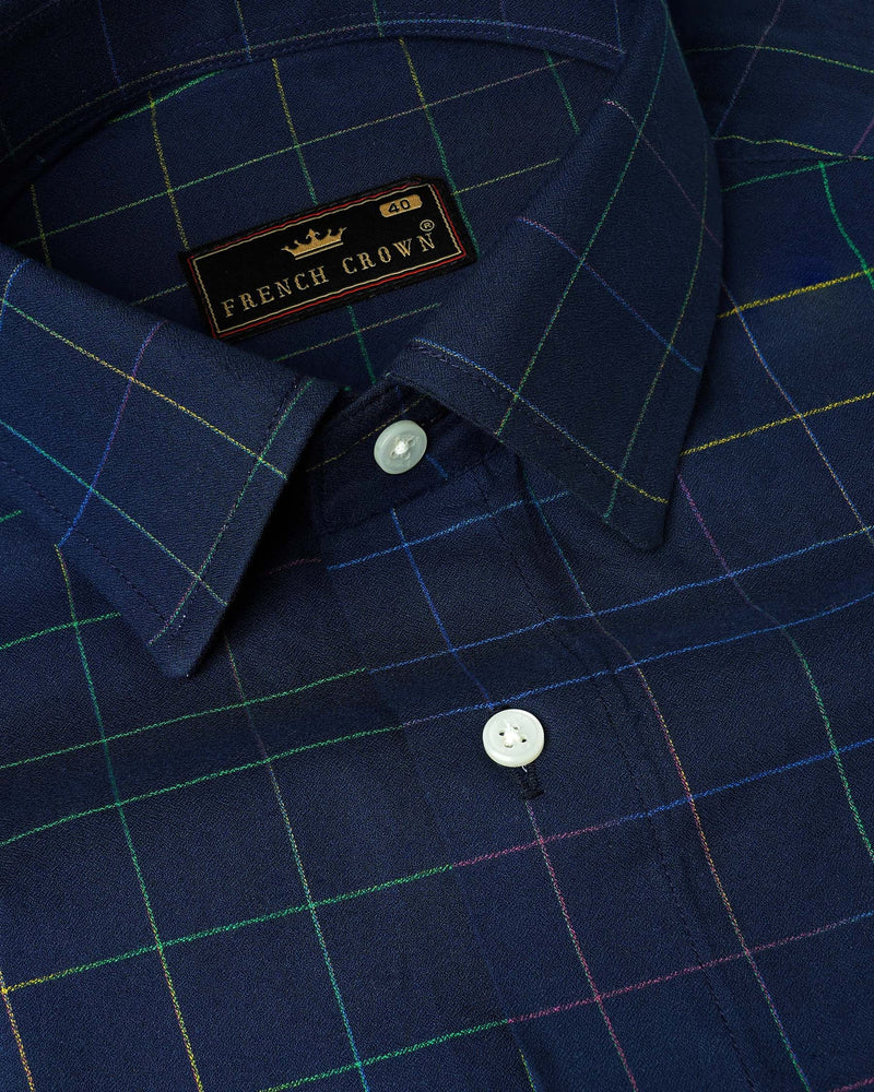 Firefly Navy Blue With Multicolored Windowpane Dobby Textured Premium Giza Cotton Shirt