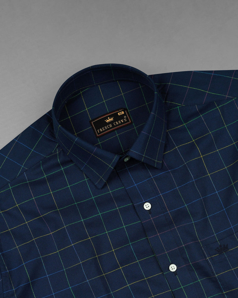 Firefly Navy Blue With Multicolored Windowpane Dobby Textured Premium Giza Cotton Shirt