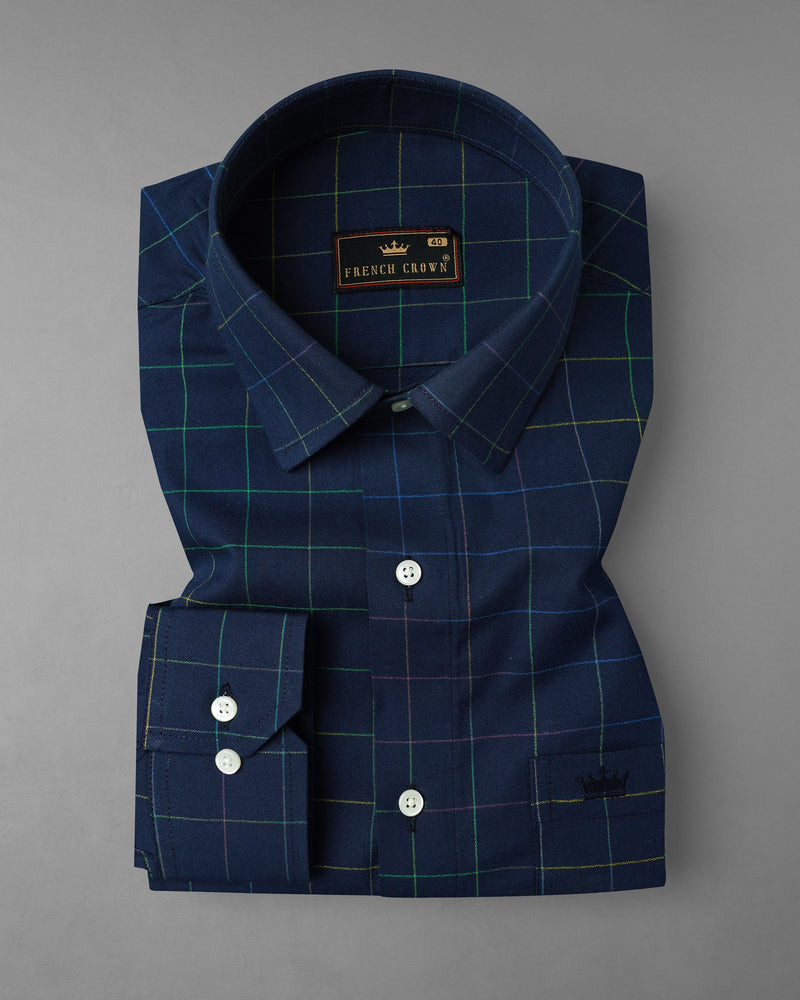 Firefly Navy Blue With Multicolored Windowpane Dobby Textured Premium Giza Cotton Shirt