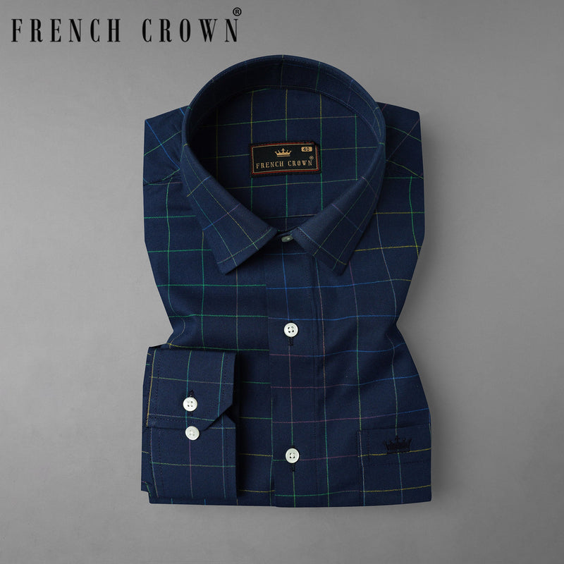 Firefly Navy Blue With Multicolored Windowpane Dobby Textured Premium Giza Cotton Shirt