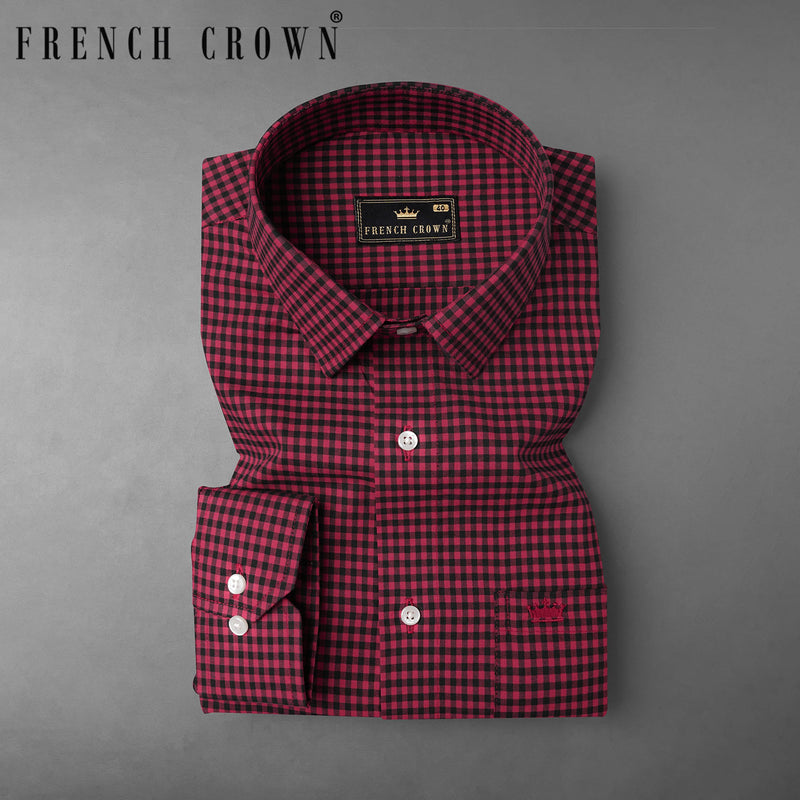 Cardinal Maroon with Black Gingham Checkered Twill Premium Cotton Shirt