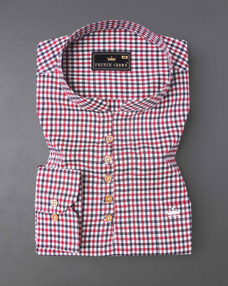 Deep Carmine Red and Tuna Navy Blue Plaid Royal Oxford Kurta Shirt