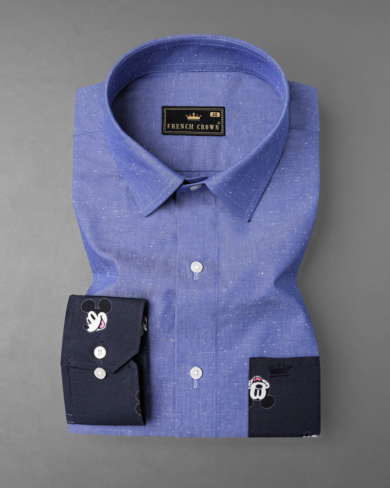Dark Pastel Blue With Mickey Mouse Chambray Textured Premium Cotton Designer Shirt