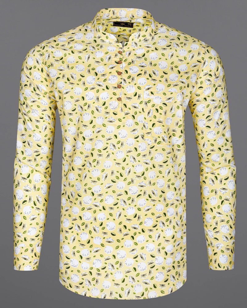 Pale Goldenrod Yellow Floral Printed Premium Cotton Kurta Shirt