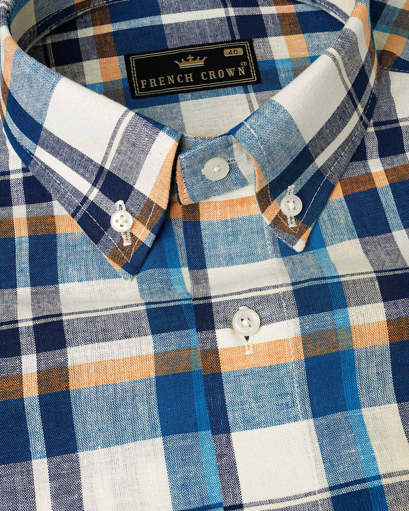 Off White with Tangaroa Blue Plaid Luxurious Linen Shirt