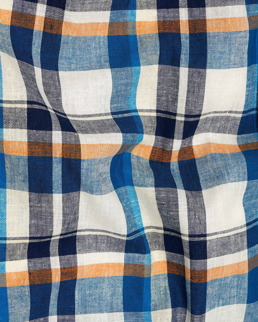 Off White with Tangaroa Blue Plaid Luxurious Linen Shirt