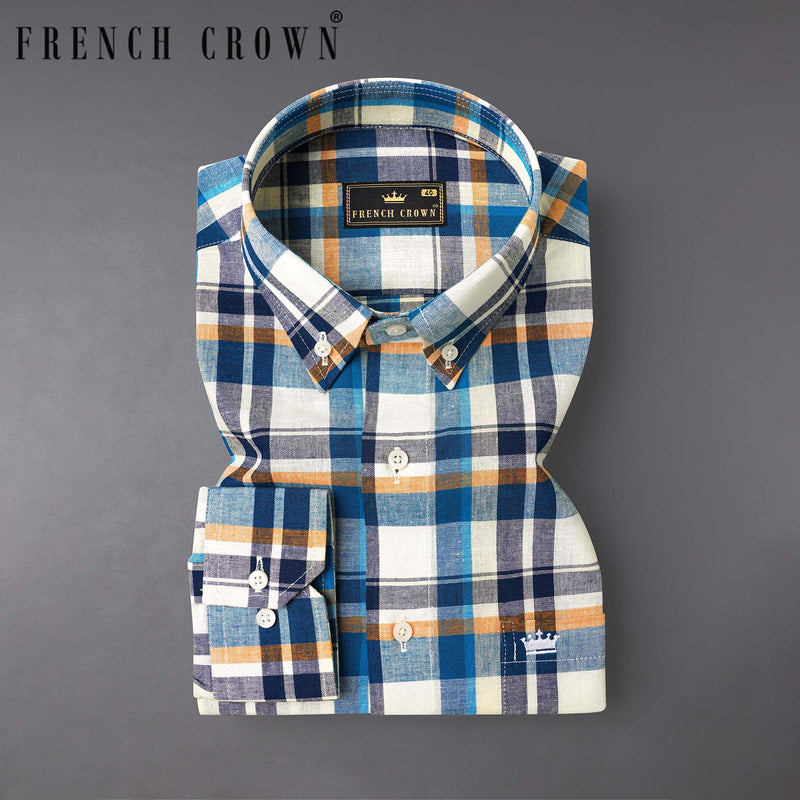 Off White with Tangaroa Blue Plaid Luxurious Linen Shirt