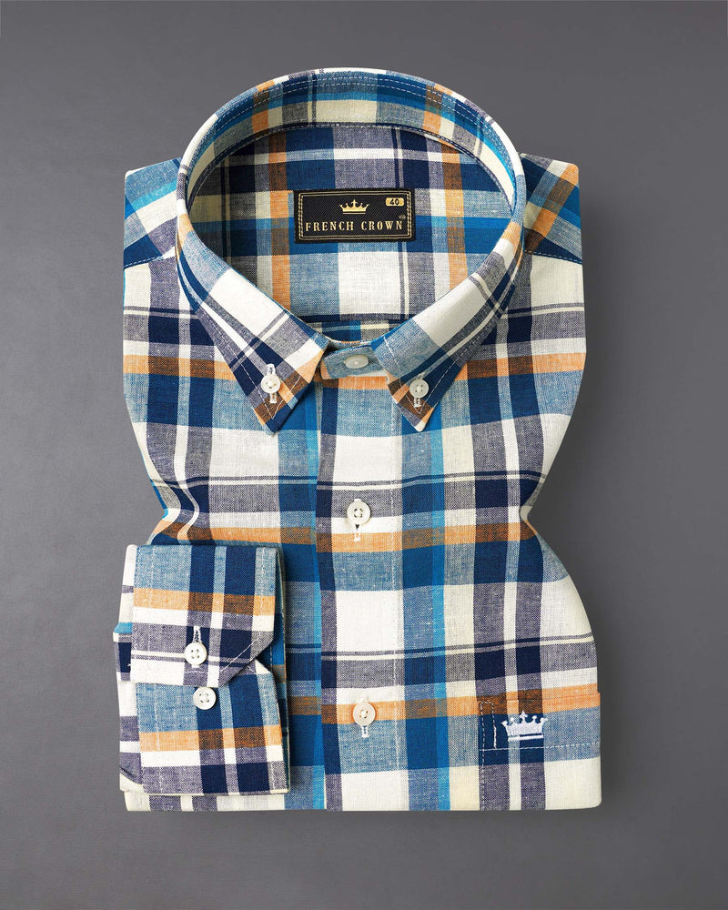 Off White with Tangaroa Blue Plaid Luxurious Linen Shirt