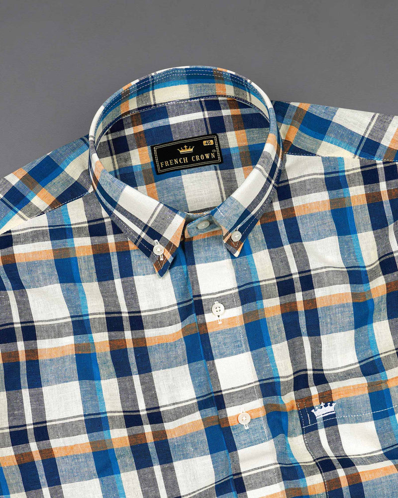 Off White with Tangaroa Blue Plaid Luxurious Linen Shirt