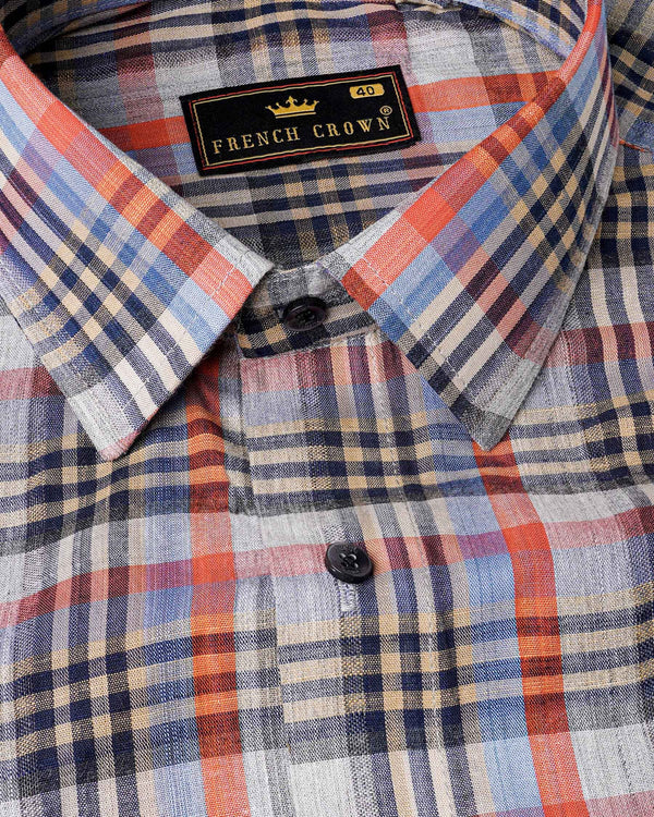 Flame Pea Red and Mirage Navy Blue Plaid Chambray Premium Cotton Shirt