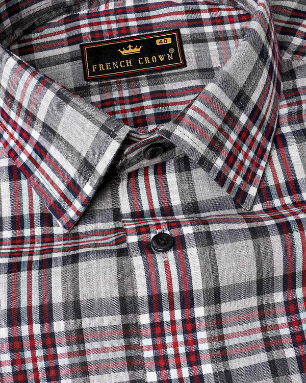 Pale Slate Gray with Tabasco Red Plaid Chambray Premium Cotton Shirt