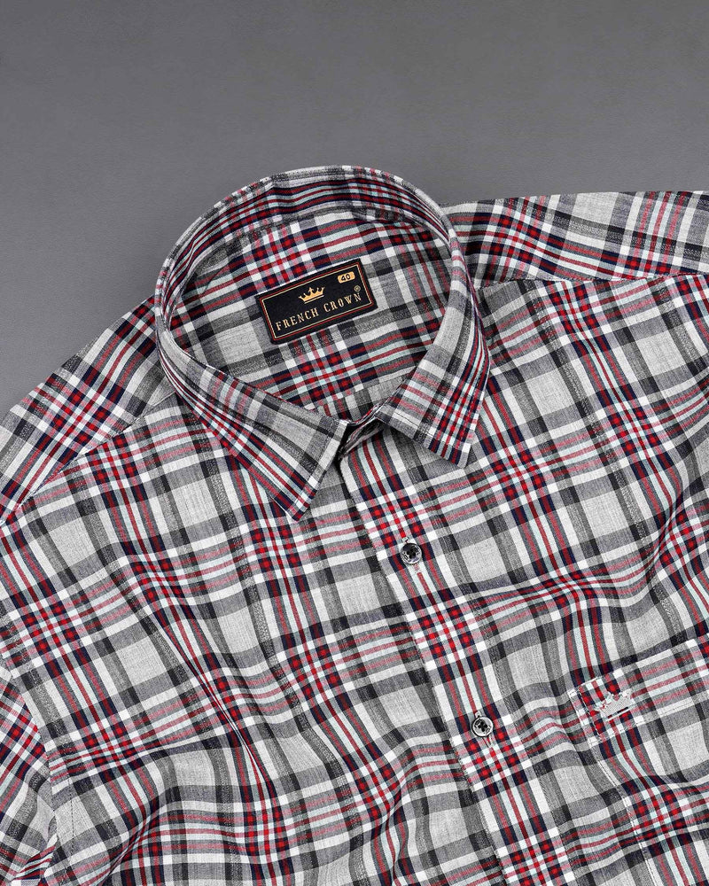 Pale Slate Gray with Tabasco Red Plaid Chambray Premium Cotton Shirt