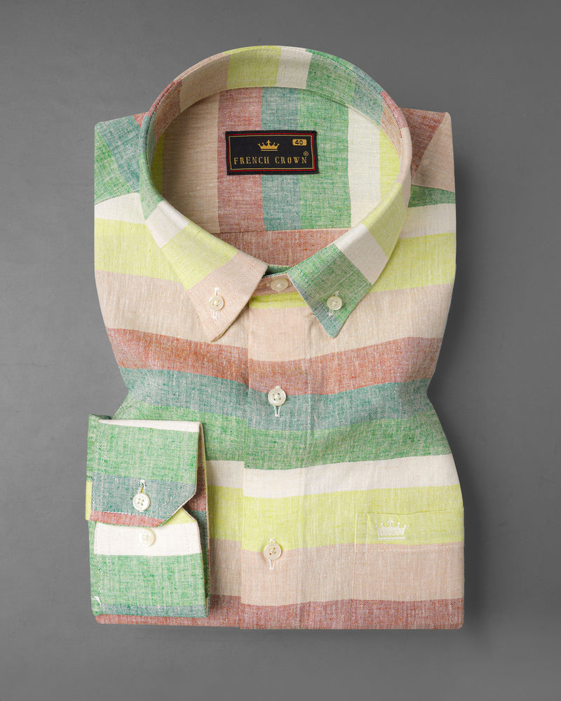 Mint Julep Light Yellow with Oriental Baby Pink Multicolour Striped Luxurious Linen Shirt