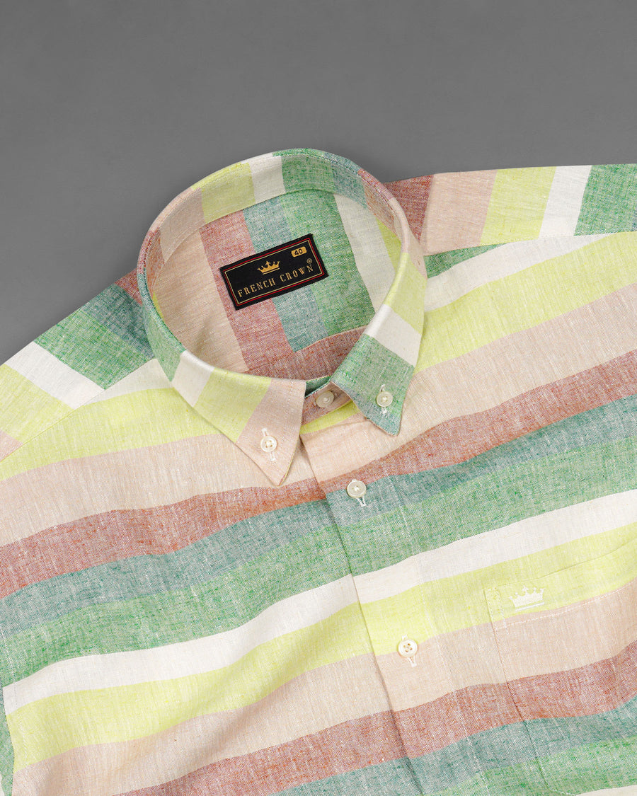 Mint Julep Light Yellow with Oriental Baby Pink Multicolour Striped Luxurious Linen Shirt