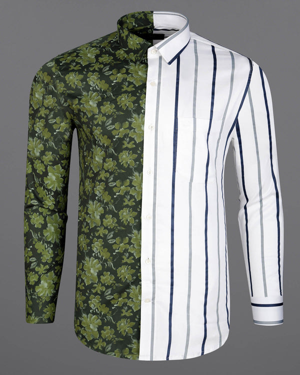 Half Clay Green Floral Printed with Half Black and white Striped Super Soft Premium Cotton Designer Shirt