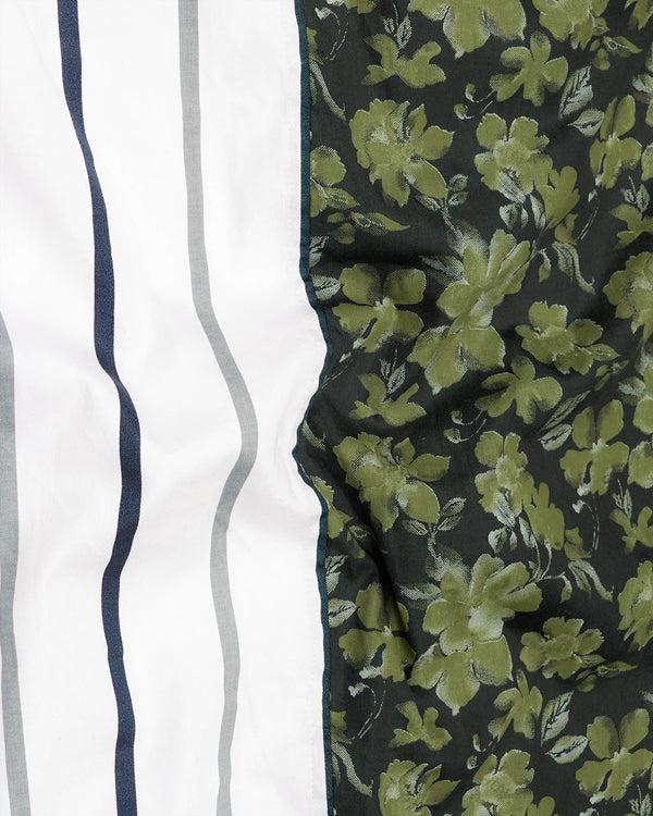 Half Clay Green Floral Printed with Half Black and white Striped Super Soft Premium Cotton Designer Shirt