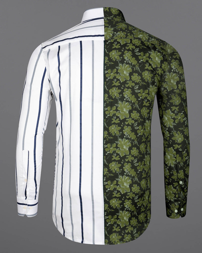 Half Clay Green Floral Printed with Half Black and white Striped Super Soft Premium Cotton Designer Shirt