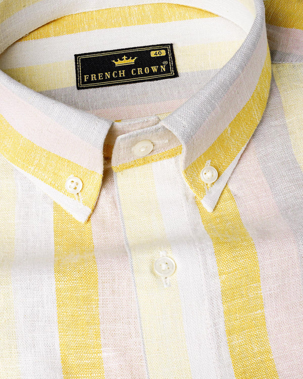 Soft Peach Pink and Jasmine Yellow Striped Luxurious Linen Shirt